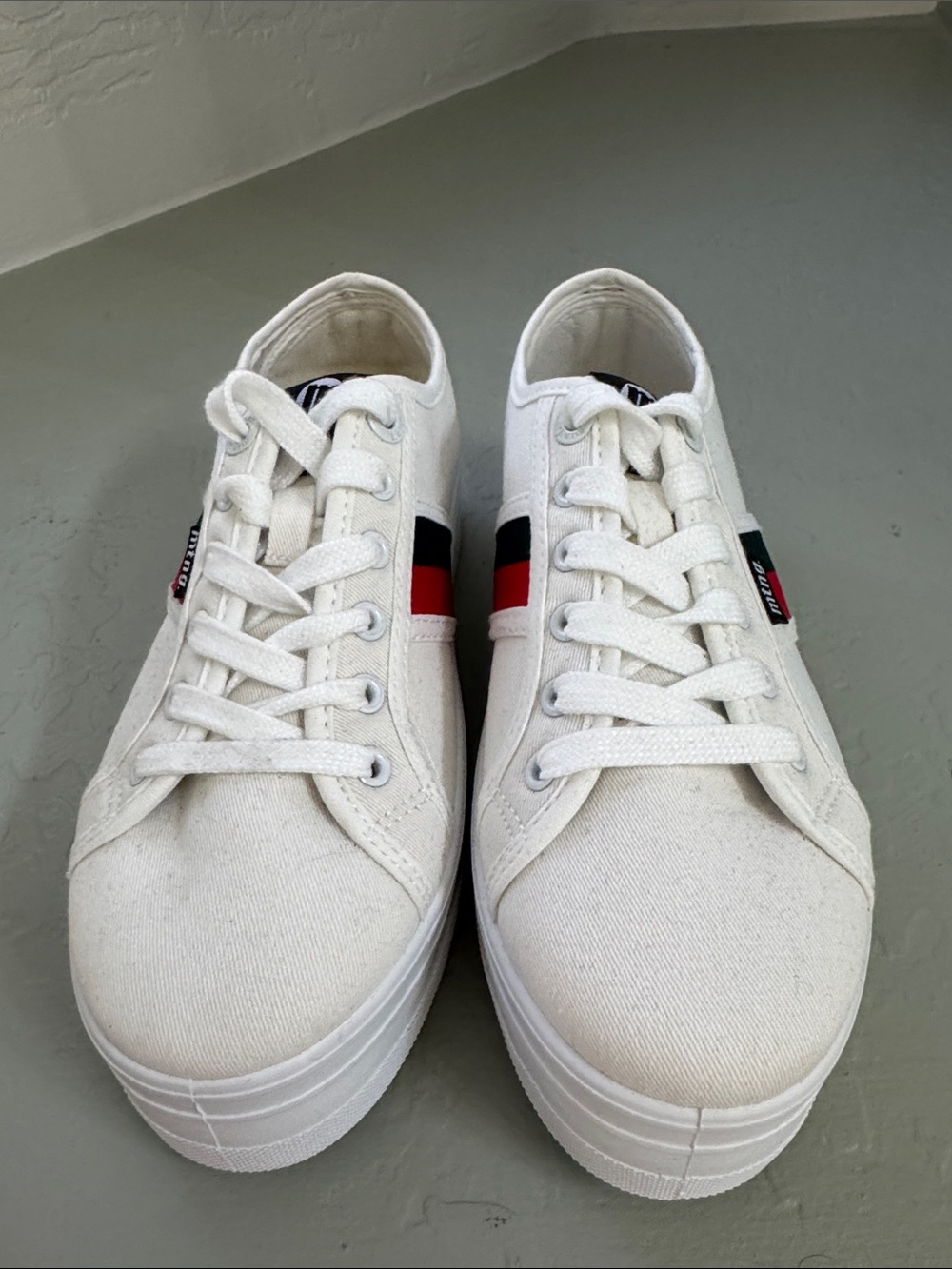 MTNG White Canvas Platform Sneakers with Red & Black Stripe